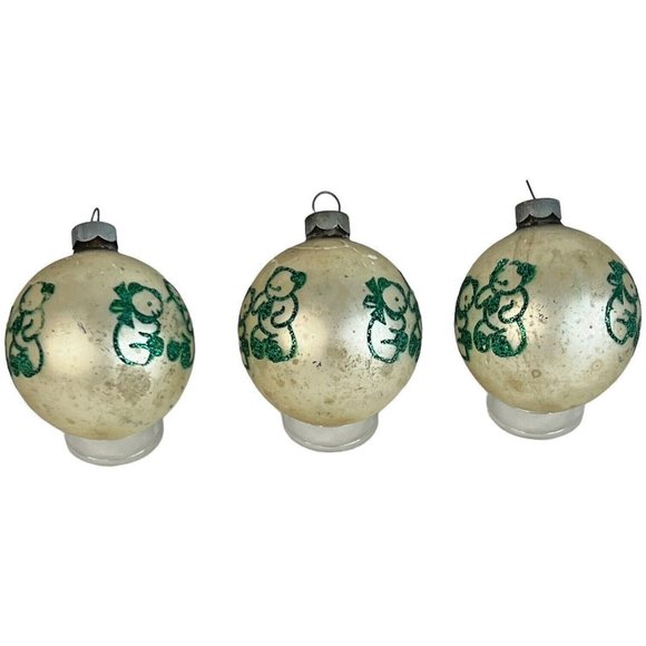 3 Vintage Shiny Brite Christmas Ornaments Teddy Bear Stencil Glitter Green White - Picture 10 of 12